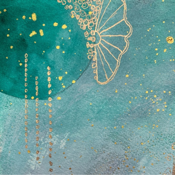 Abstract Original Watercolor Gold Leaf Floral Green & Purple Painting, 9x12 - Picture 5 of 13